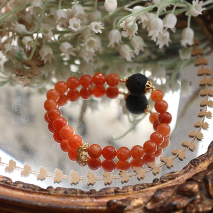 Handmade Black Obsidian Beaded Bracelet | Mystic Natural Stone Bead Jewelry in Orange & Black, Unisex Adjustable Design