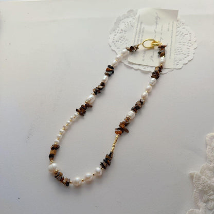 Tiger Eye & Malard Brown Coffee Natural Stone Beaded Necklace – Handcrafted Original Niche Accessory