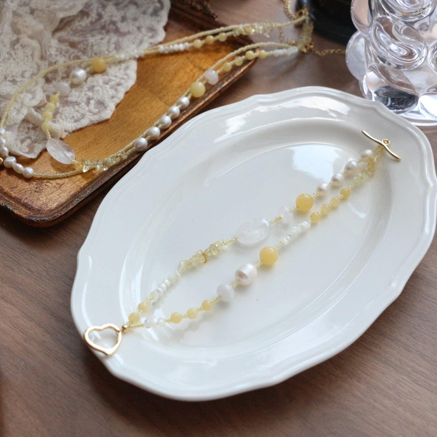 Sweet Light Luxury Yellow Crystal Beads Necklace – Natural Pearls Collarbone Chain Niche Bracelet