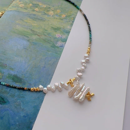 Natural Stone Handmade Beaded Necklace with Freshwater Pearls - Baroque Creative Ink-Wash Style Choker