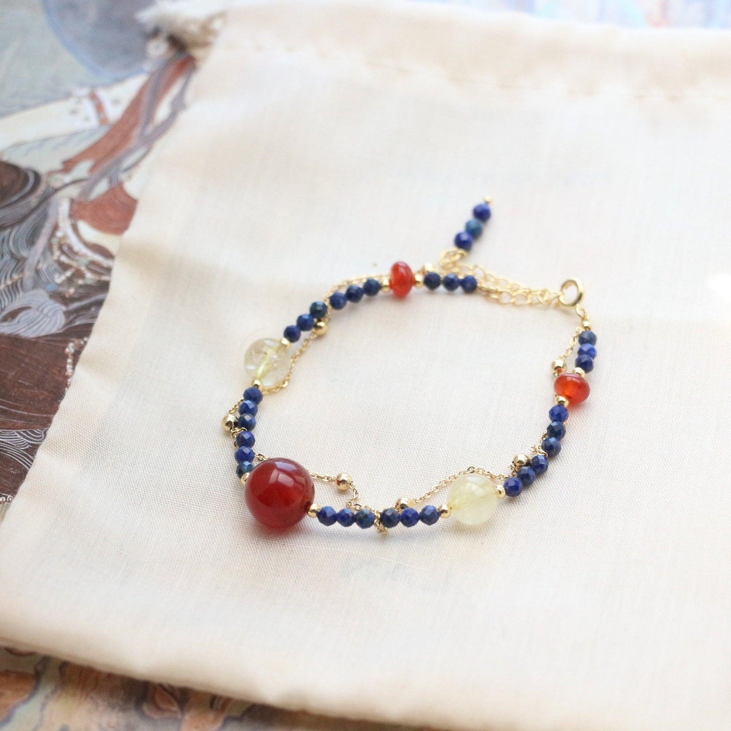 New Chinese Ethnic Style Lapis Lazuli & Yellow Crystal Bracelet – Dunhuang Style Red Agate Beaded Ring