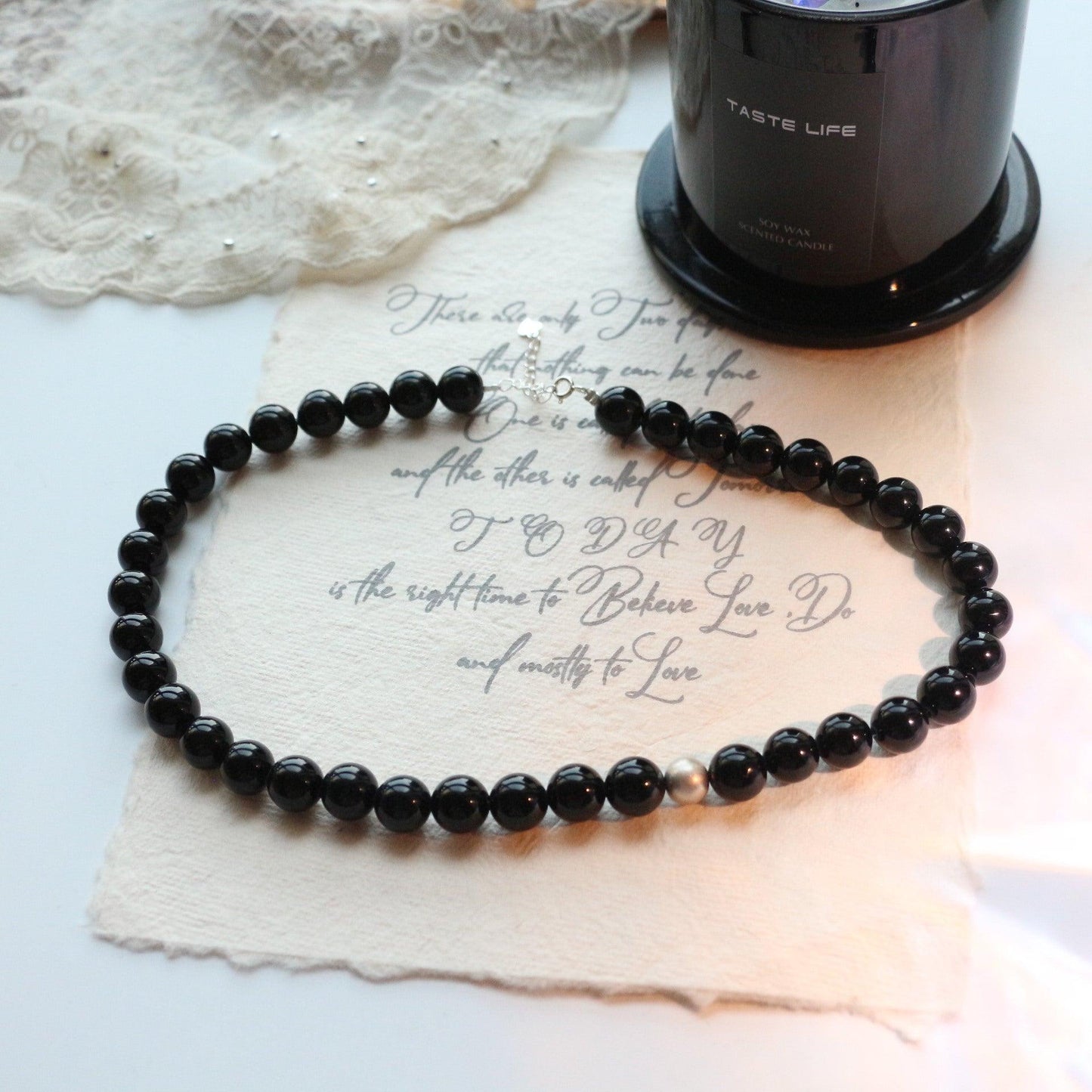 Vintage 7A Natural Black Onyx Beaded Necklace | Collarbone Chain