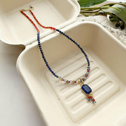 Dunhuang Color Natural Stone Beaded Necklace - Handmade Unique Blue and Orange