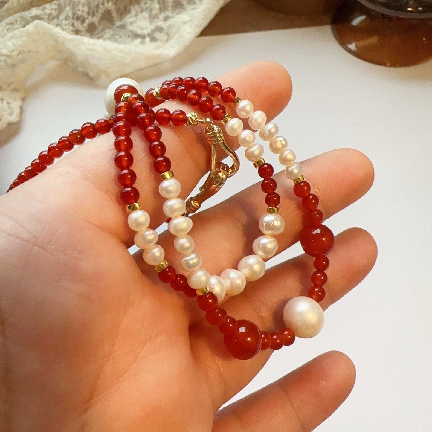 Handcrafted New Year Red Agate Dunhuang Double Layer Natural Stone Beaded Necklace