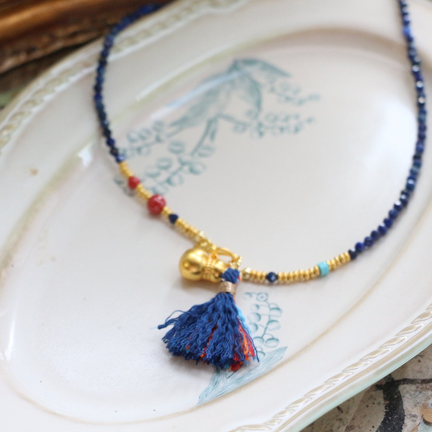 Vintage Lapis Lazuli String Minimalist Sand Gold Gourd Handmade Tassel Necklace