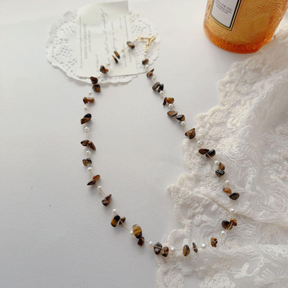 Tiger Eye & Malard Brown Coffee Natural Stone Beaded Necklace – Handcrafted Original Niche Accessory