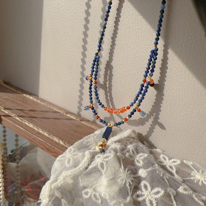 Lapis Lazuli Agate Dunhuang Double-Layer Natural Stone Beaded Necklace - Handmade Niche Design