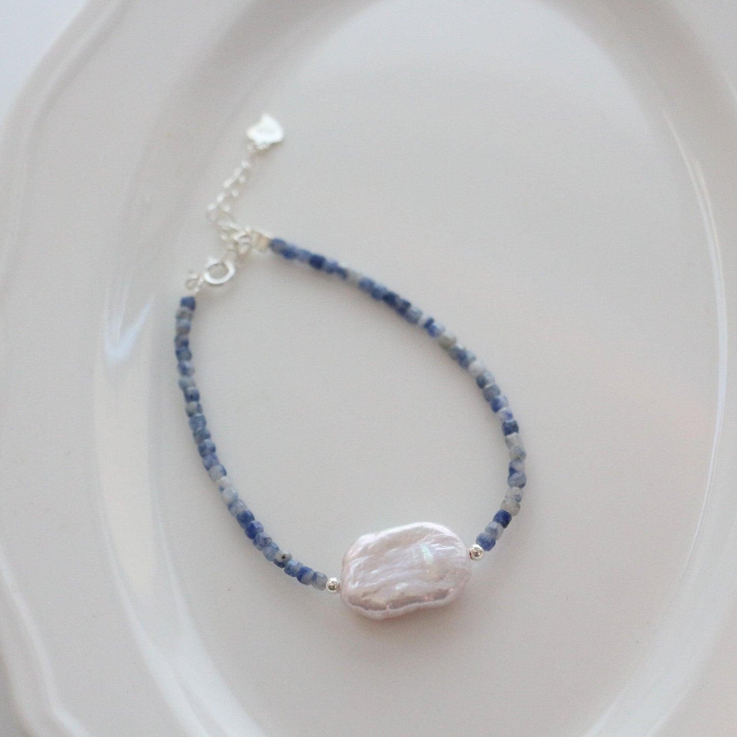 Handcrafted Blue Lace Agate Beaded Necklace with Natural Freshwater Pearl Bracelet in 925 Silver