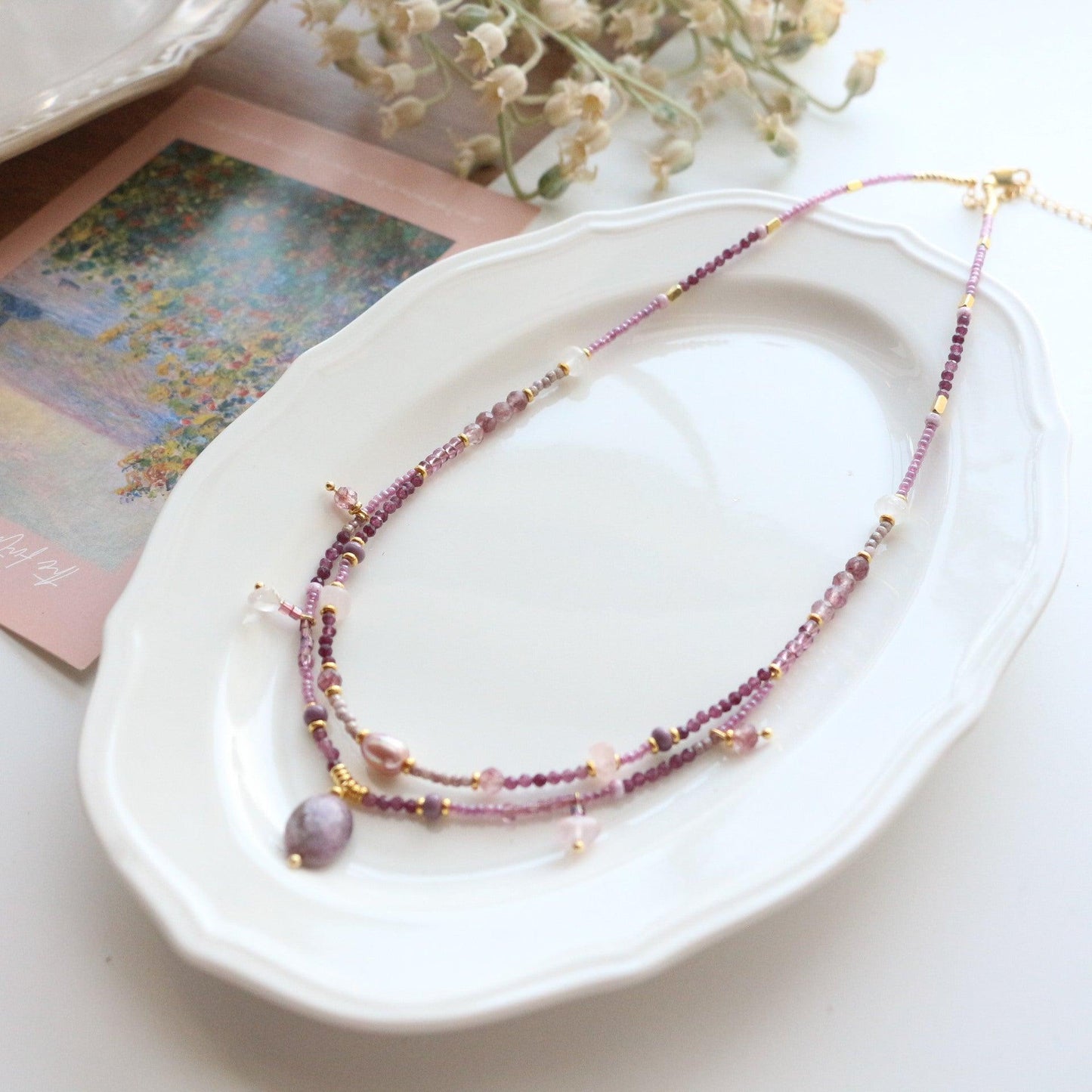 Purple Lilac & Pink Crystal Baroque Pearl Double-Layer Pendant Necklace – Hook Earrings & Natural Stone Beaded Choker Set