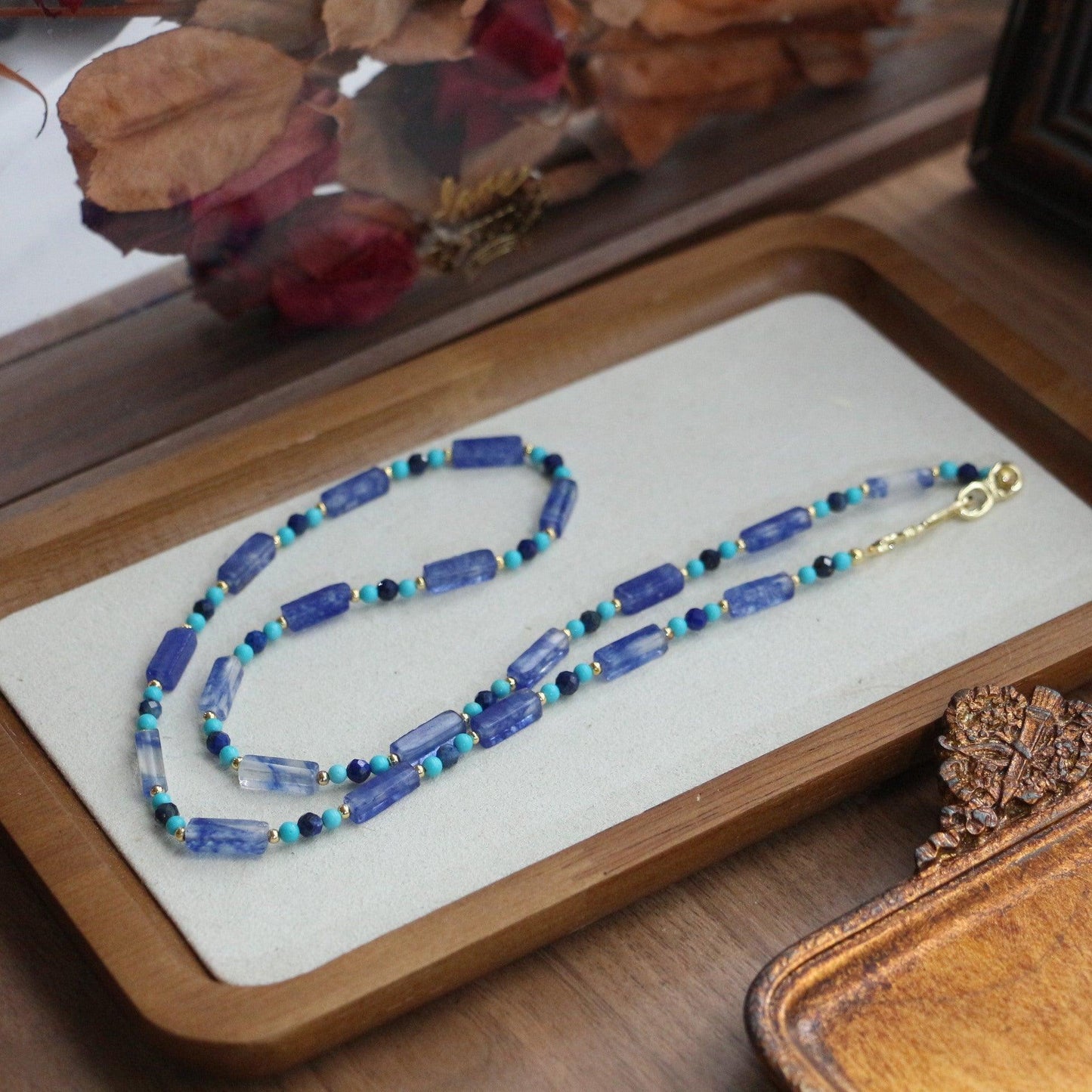 Vintage Turquoise & Crystal Blue Natural Stone Long Necklace – Cuban Style