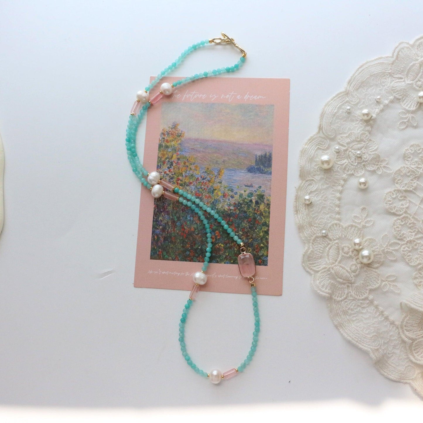 New Tianshan Green Meets Peach Pink Crystal Natural Stone Beaded Long Necklace – Original Design