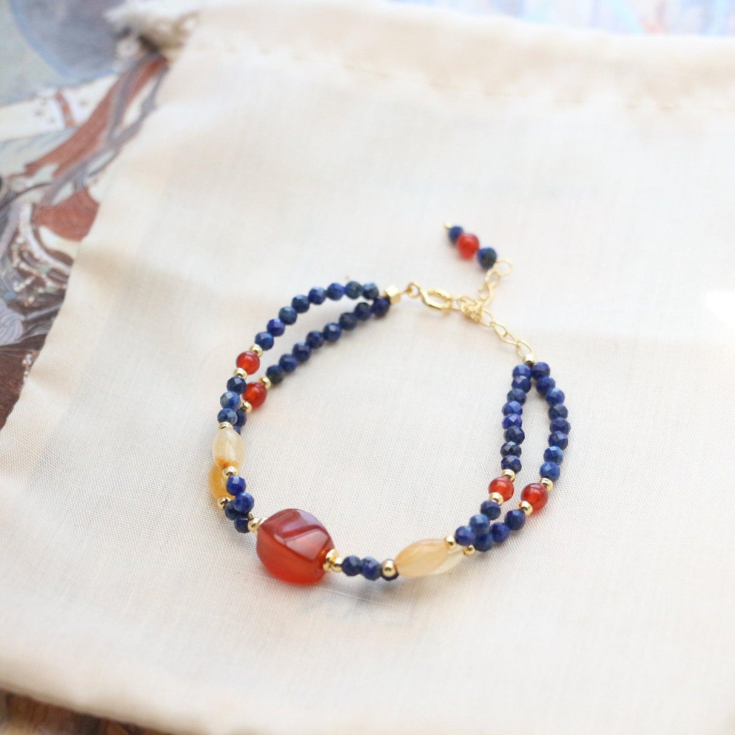 New Chinese Ethnic Style Lapis Lazuli & Yellow Crystal Bracelet – Dunhuang Style Red Agate Beaded Ring