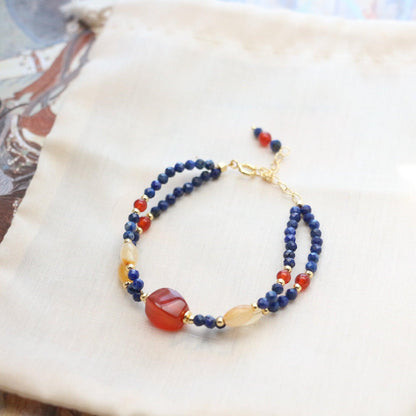 Vintage Red Agate & Yellow Crystal Beaded Ring – New Chinese Dunhuang Style Lapis Lazuli Bracelet Collection