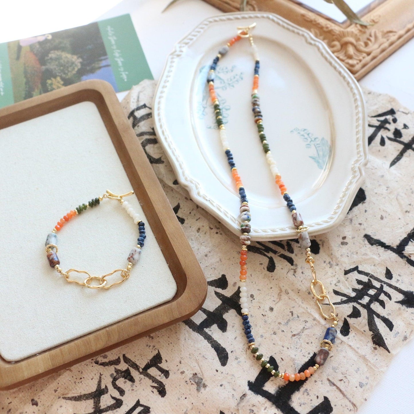 Autumn and Winter Handmade Long Necklace Featuring Agate, White Jade, Blue Stone, and Phoenix Lapis Lazuli