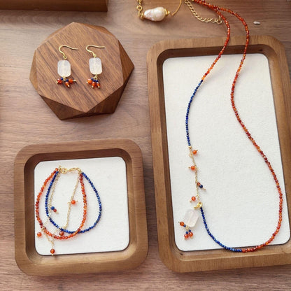 Vintage Lapis Lazuli, Red Orange Agate & White Agate Sweater Chain Necklace – Dunhuang-Inspired Beaded Jewelry Collection