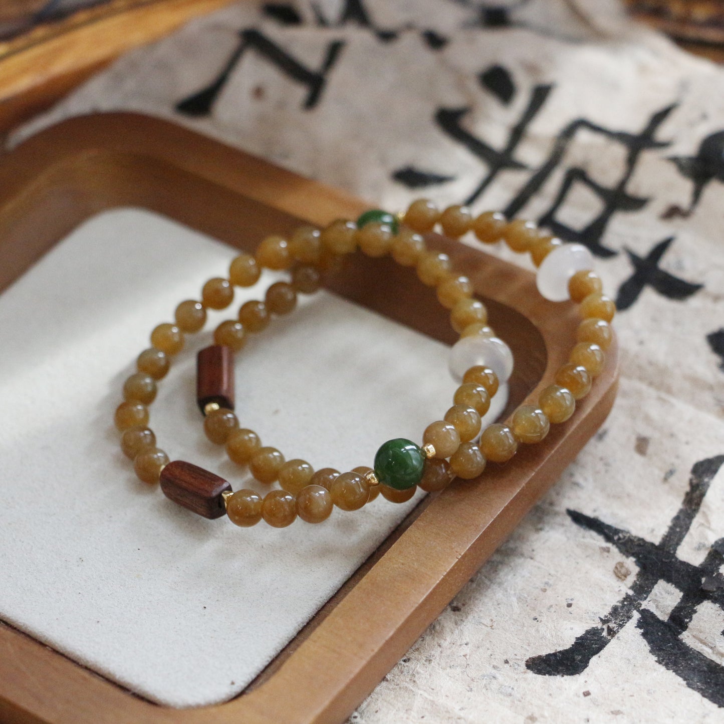 New arrivals Sugar Material Hetian Jade Bracelet with Natural Wood Beads | Vintage Style