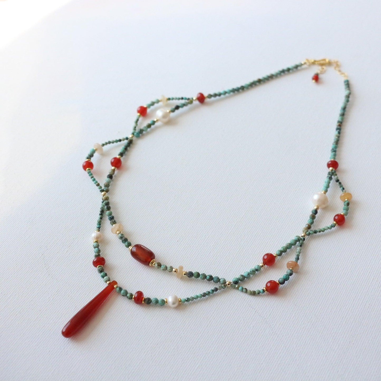 Dunhuang Necklace – Double Layer Vintage Agate & Raw Turquoise Beaded Long Ethnic Style