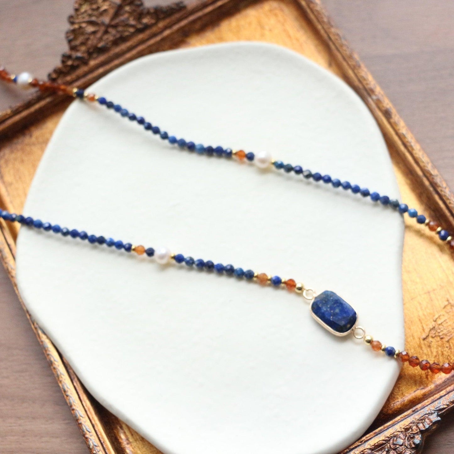 New Orange Garnet, Lapis Lazuli & Baroque Pearl Long Sweater Chain Vintage Necklace – Dunhuang Style for Women