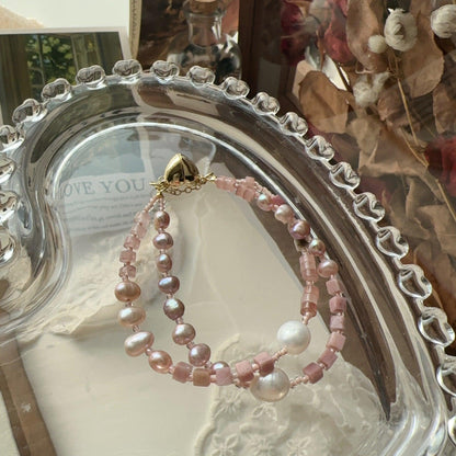 Pale Pink Colored Light Baroque Pearl Double Layer Bracelet – Natural Stone Beaded Sweetness