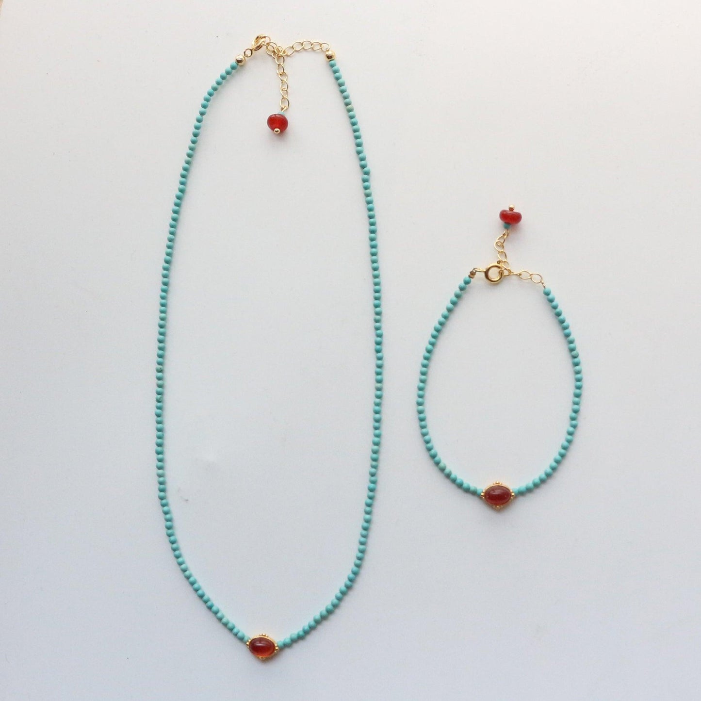 New Chinese Style Natural Turquoise Beaded Red Agate Necklace Bracelet Collarbone Chain