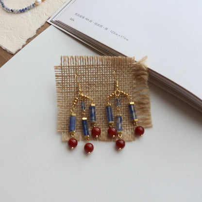 Elegant Dunhuang-Style Blue & Red Natural Stone Beaded Hook Earrings