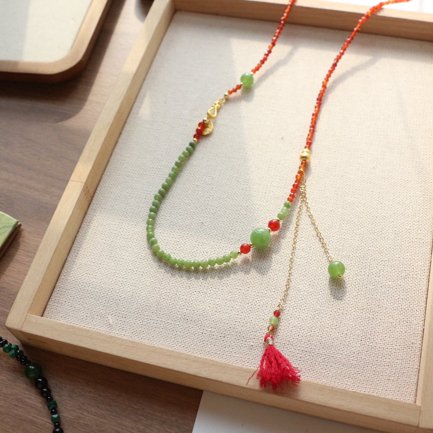 Beaded Necklace with Contrasting Red Agate and Green Chalcedony Tassels - Fringed Lapel Necklace