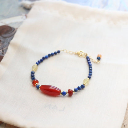 New Chinese Ethnic Style Lapis Lazuli & Yellow Crystal Bracelet – Dunhuang Style Red Agate Beaded Ring