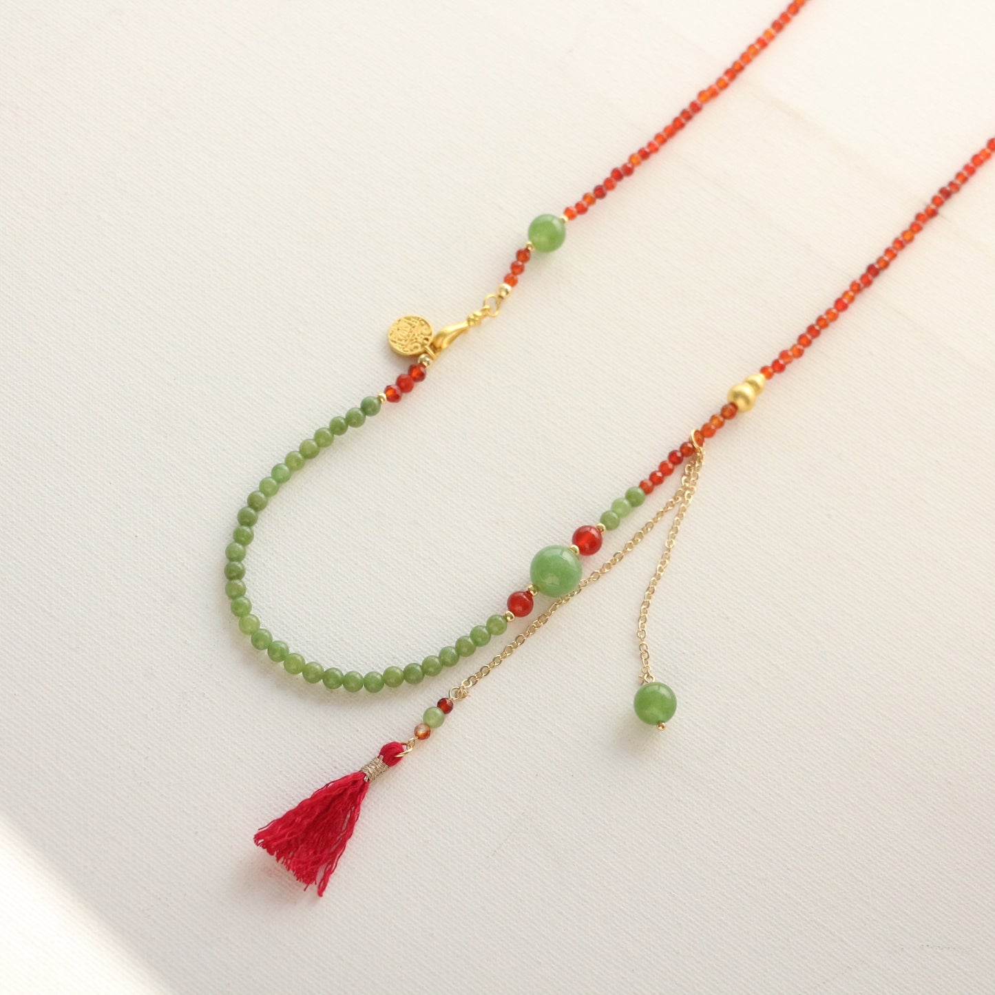 Beaded Necklace with Contrasting Red Agate and Green Chalcedony Tassels - Fringed Lapel Necklace