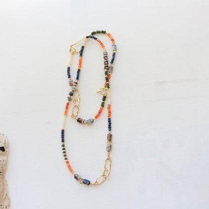 Autumn and Winter Handmade Long Necklace Featuring Agate, White Jade, Blue Stone, and Phoenix Lapis Lazuli