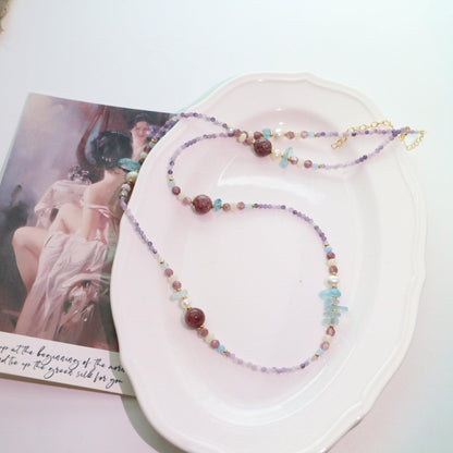 Amethyst Aquamarine Strawberry Crystal Necklace – Handcrafted Elegant Statement Jewelry