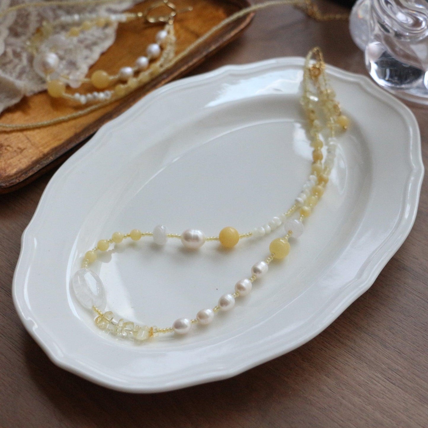 Sweet Light Luxury Yellow Crystal Beads Necklace – Natural Pearls Collarbone Chain Niche Bracelet