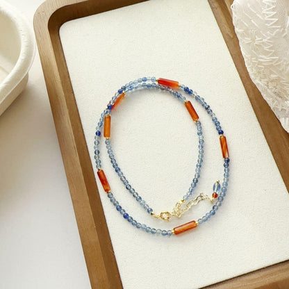 Natural Stone Beaded Necklace - Handmade Original in Blue and Orange Watercolor Mountain Style