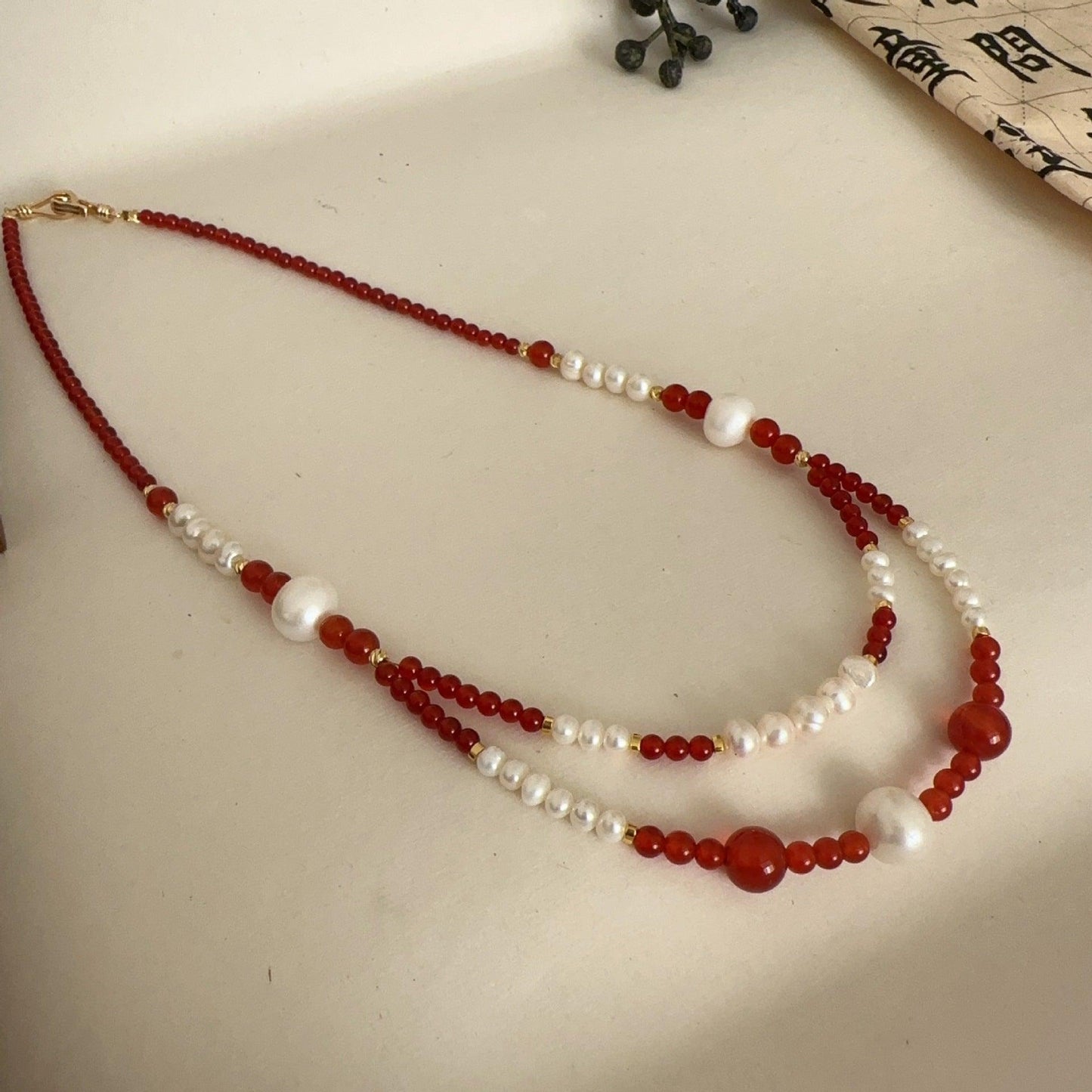 Handcrafted New Year Red Agate Dunhuang Double Layer Natural Stone Beaded Necklace