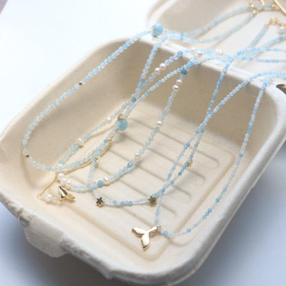 New Natural Blue Crystal Beaded Necklace for Women - Minimalist Choker with Freshwater Pearls