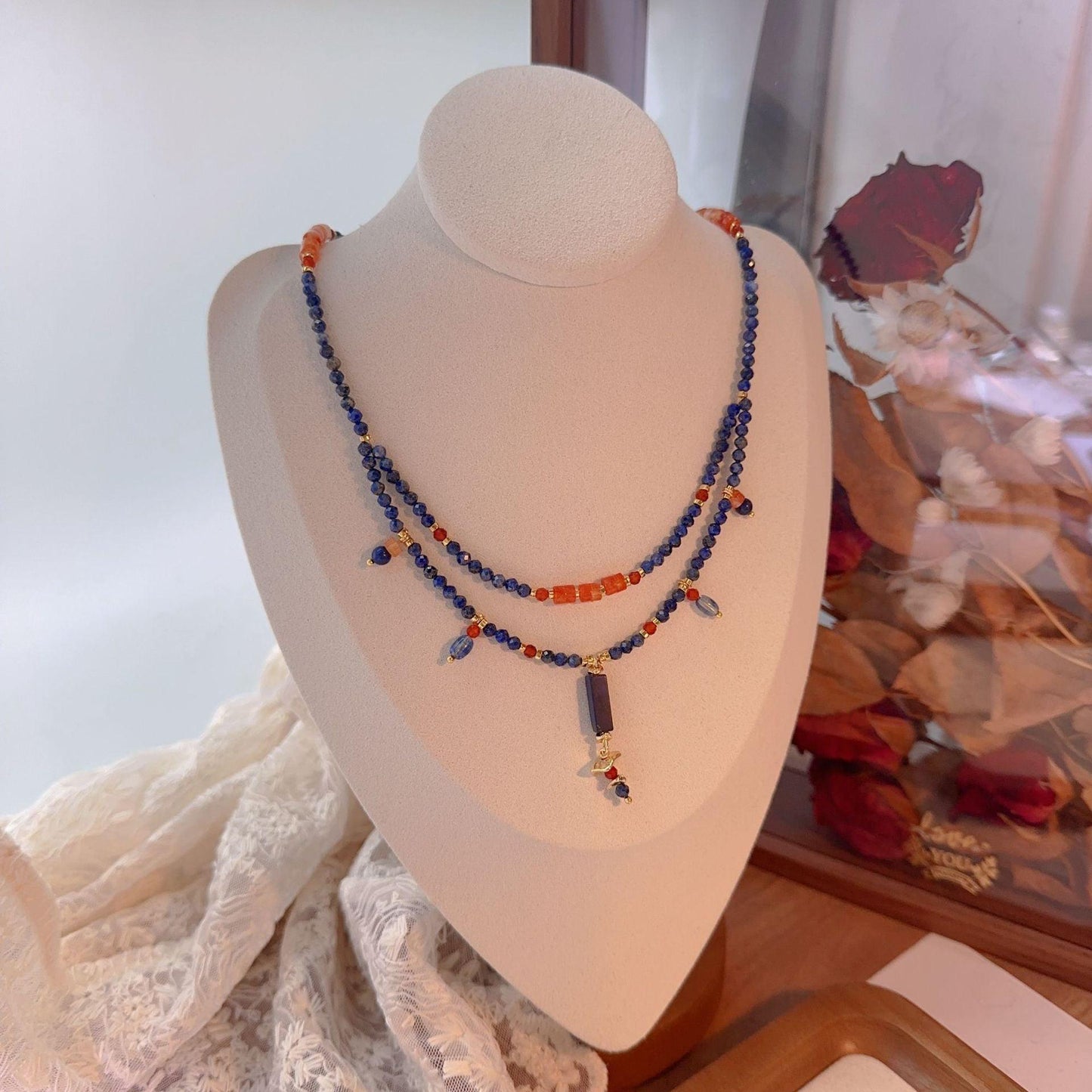 Lapis Lazuli Agate Dunhuang Double-Layer Natural Stone Beaded Necklace - Handmade Niche Design