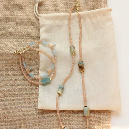 Aquamarine Blue Calcite & Sunstone Double Layers Necklace & Bracelet – Natural Stone Beaded Jewelry