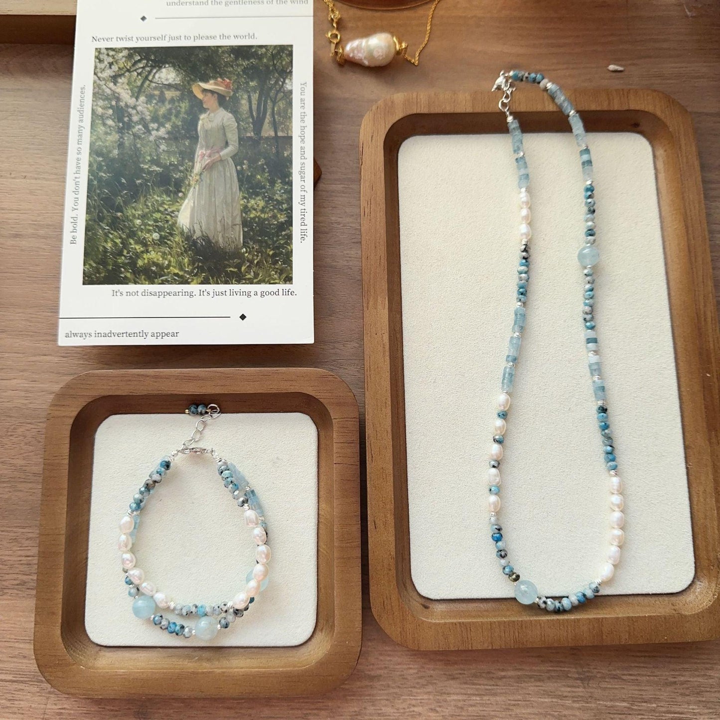 Aquamarine Blue Ore Beaded Necklace & Freshwater Baroque Pearl Bracelet Set | Short Necklace