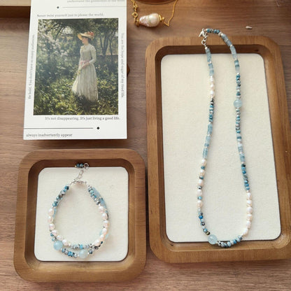 Aquamarine Blue Ore Beaded Necklace & Freshwater Baroque Pearl Bracelet Set | Short Necklace