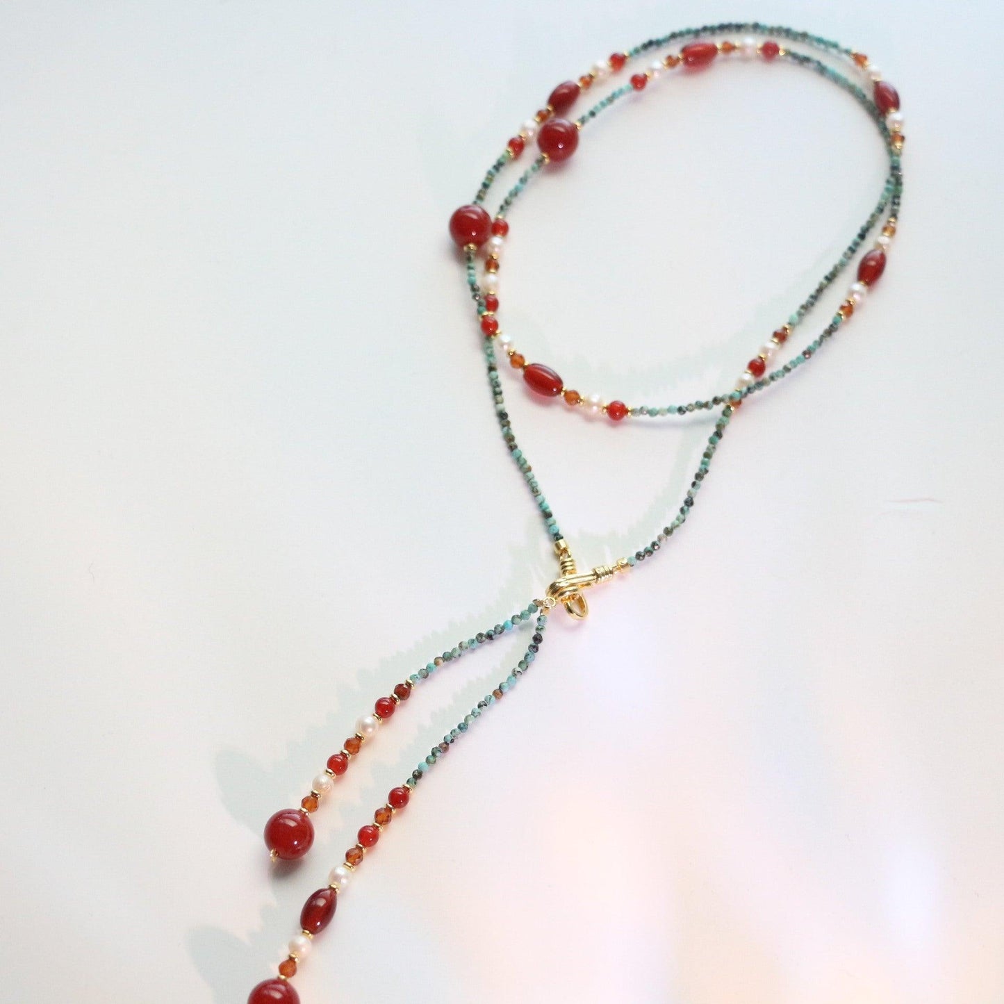 Dunhuang Hand-Beaded Natural Turquoise & Red Agate Necklace with Freshwater Pearl Sweater Chain