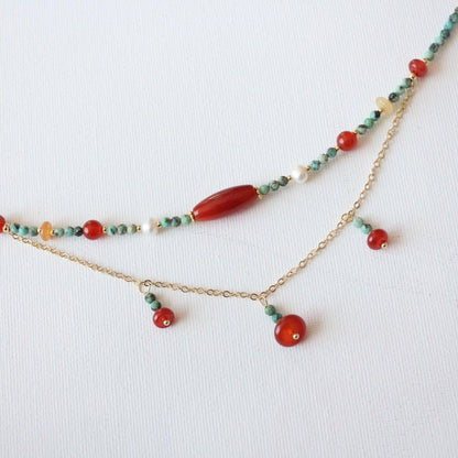 Dunhuang Necklace – Double Layer Vintage Agate & Raw Turquoise Beaded Long Ethnic Style