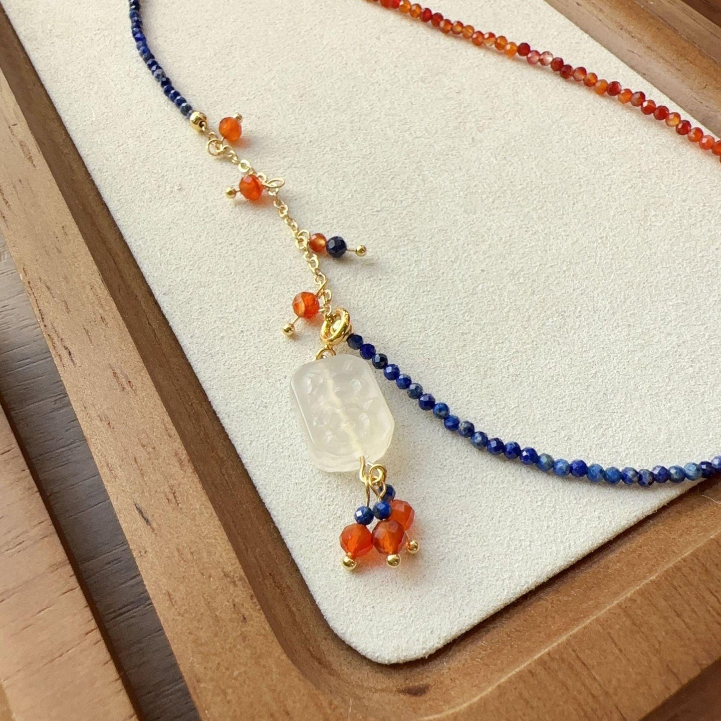 Vintage Lapis Lazuli, Red Orange Agate & White Agate Sweater Chain Necklace – Dunhuang-Inspired Beaded Jewelry Collection