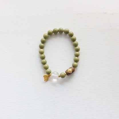 New Chinese Style Natural Alashan Bracelet - Gold Plated Copper Comb, White Crystal, Avocado Green Round Bead Bracelet, Agarwood Bracelet