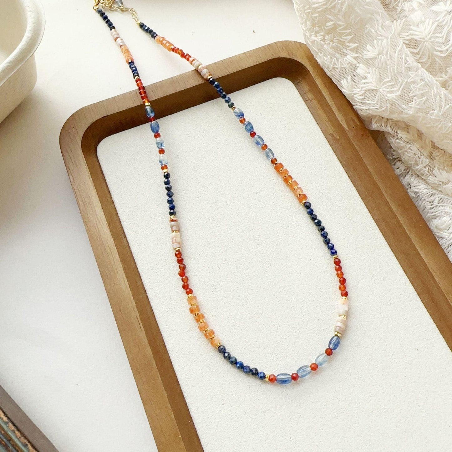 Lapis Lazuli Dunhuang Ink Theme Blue & Orange Mixed Natural Stone Beads Handmade Necklace