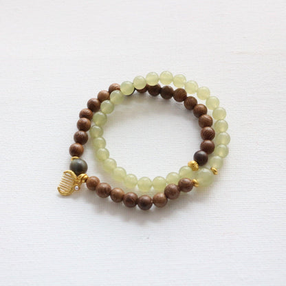 Zen-Inspired Wooden Beads & Jade Stone Color Block Double Layer Stackable Bracelet – Vintage Luxurious Elegant Hand Jewelry