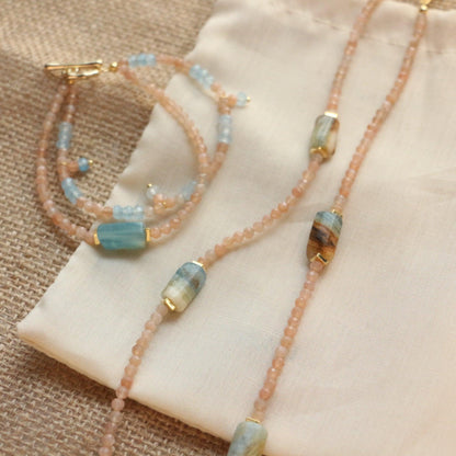 Aquamarine Blue Calcite & Sunstone Double Layers Necklace & Bracelet – Natural Stone Beaded Jewelry