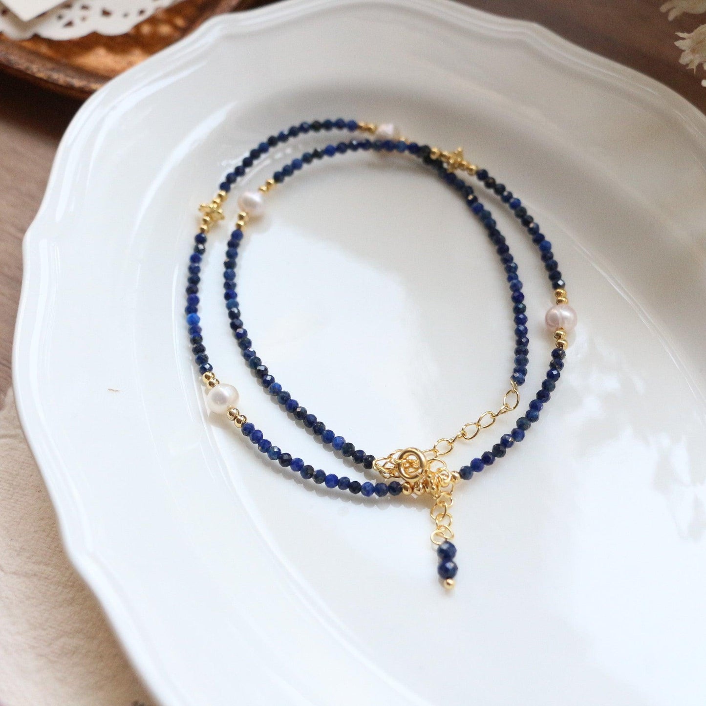 Blue Lapis Lazuli Fine Beaded Necklace | Freshwater Pearl Handmade Jewelry