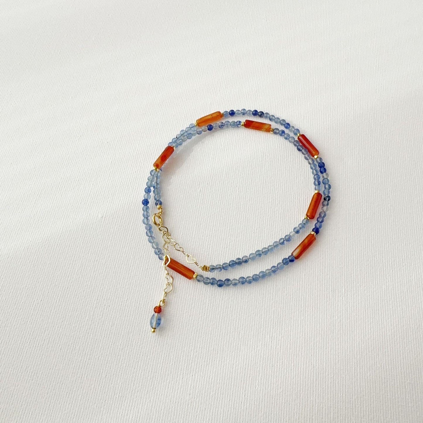 Natural Stone Beaded Necklace - Handmade Original in Blue and Orange Watercolor Mountain Style