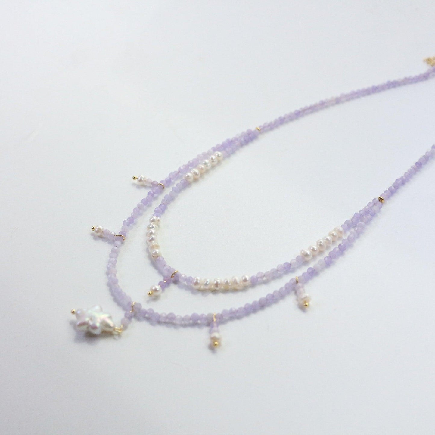 Purple Jade Double Layer Necklace with Natural Freshwater Pearls | Star Pendant Bracelet Ring Set