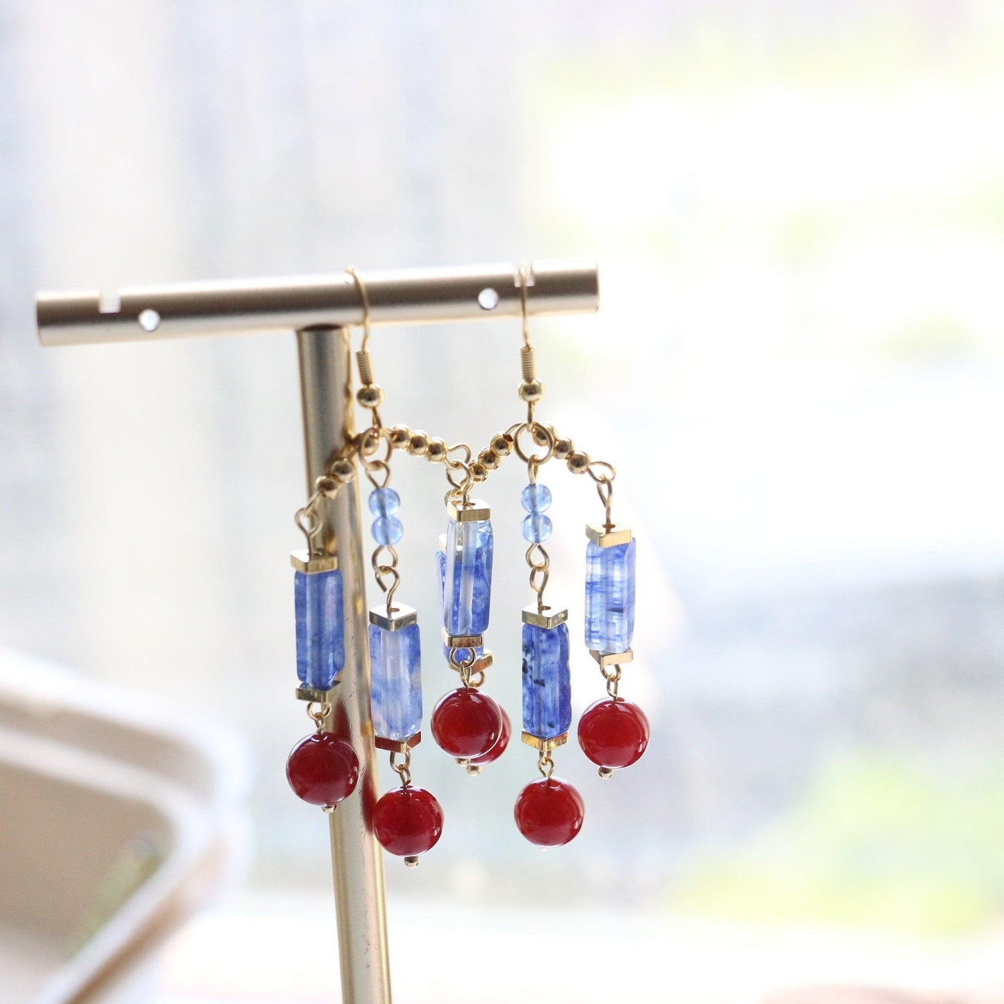 Elegant Dunhuang-Style Blue & Red Natural Stone Beaded Hook Earrings