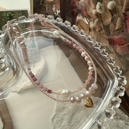 Pink Natural Stone & Freshwater Pearl Handmade Beaded Necklace – Sweet and Versatile Choker